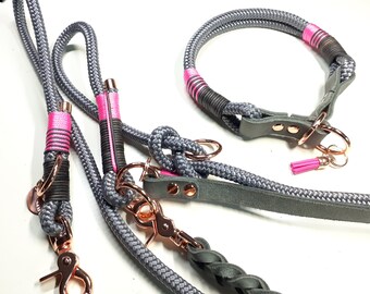 Choke collar | Dog collar | Dog leash 2 m grey with leather hand loop | 3-way adjustable | personalizable with name