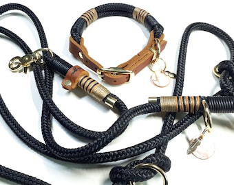 Adjustable dog collar | Dog leash 2.5 m in black | Shoulder leash 3-way adjustable | Personalized leash set with name
