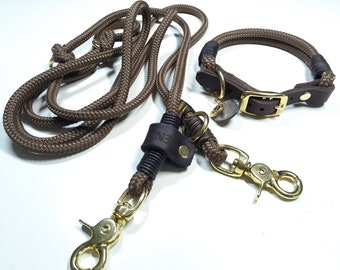 Adjustable dog collar | Dog leash 2.5 m in brown | Shoulder leash 3-way adjustable | Personalizable with name