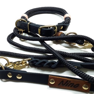 May include: Black leather dog collar and leash set with gold hardware and a brown leather name tag that says "Nimo".