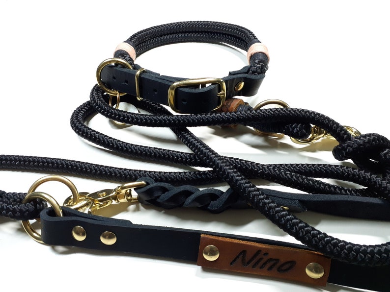 May include: Black leather dog collar and leash set with gold hardware and a brown leather name tag that says "Nimo".