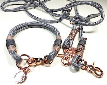 Rope dog collar with snap fastener | 3-way adjustable dog leash 2.5 m in grey | Collar set made of PPM in grey