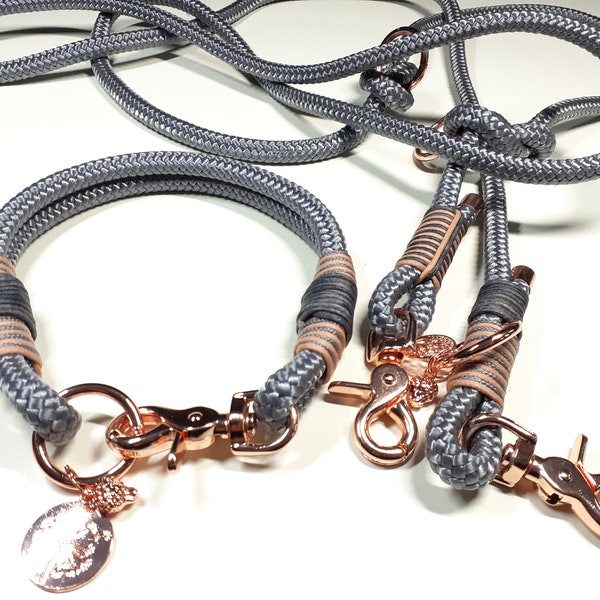 Dog collar dog leash rope set collar set made of PPM in grey with leather rigging personalized