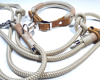 Dog collar and leash set, rope collar set made of PPM in beige with adjustable leather buckle in cognac, personalized