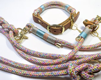 Dog collar dog leash collar set in mermaid with adjustable fat leather buckle in cognac personalized