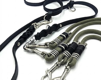 Dog harness set for 2 dogs | Premium rope coupling pieces in olive green | Leather shoulder leash, 3 m total length | Personalizable with name