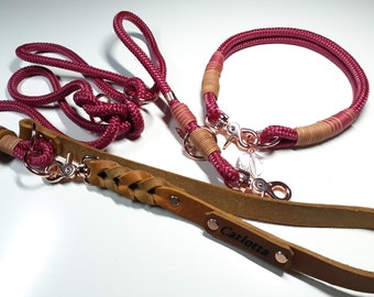 Rope set dog collar dog leash rope set with leather hand strap and name engraving in berry personalized