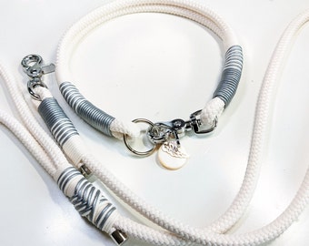 Hundehalsband Tau Set Kurzleine Hochzeit Hundeleine Tauhalsbandset in cremeweiß und und silbergrau personalisiert