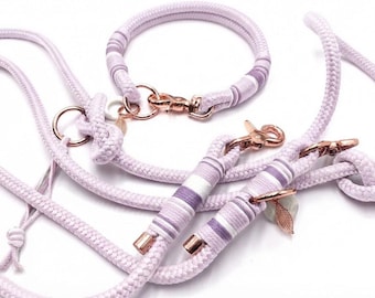 Dog collar and leash made of lilac rope | 3-way adjustable shoulder leash, 2.5 m | Rope set for large and small dogs