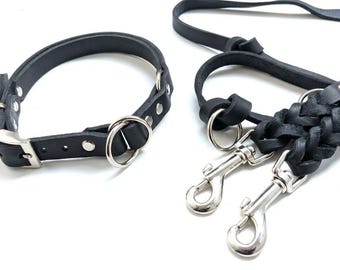 Black leather martingale collar | Adjustable dog collar | 2m shoulder leash, 3-way adjustable | Personalizable with name