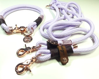 Tau set dog collar, dog leash, personalized dog rope set made of PPM in lilac with partial leather rigging