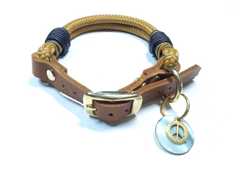 Puede incluir: Un collar de perro de cuero marr&oacute;n con una hebilla dorada y un dije con un signo de paz. El collar est&aacute; hecho de cuerda y tiene un acento negro y verde.