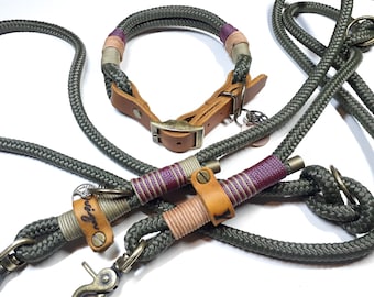 Rope and leather dog collar | 3-way adjustable dog leash in olive green | Shoulder leash with a total length of 2.5 m