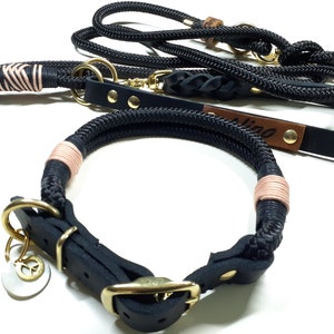 May include: Black leather dog collar with a pink and black rope design and a gold buckle. The collar has a matching black rope leash with a gold clasp and a brown leather tag with the word "Indigo" engraved on it.