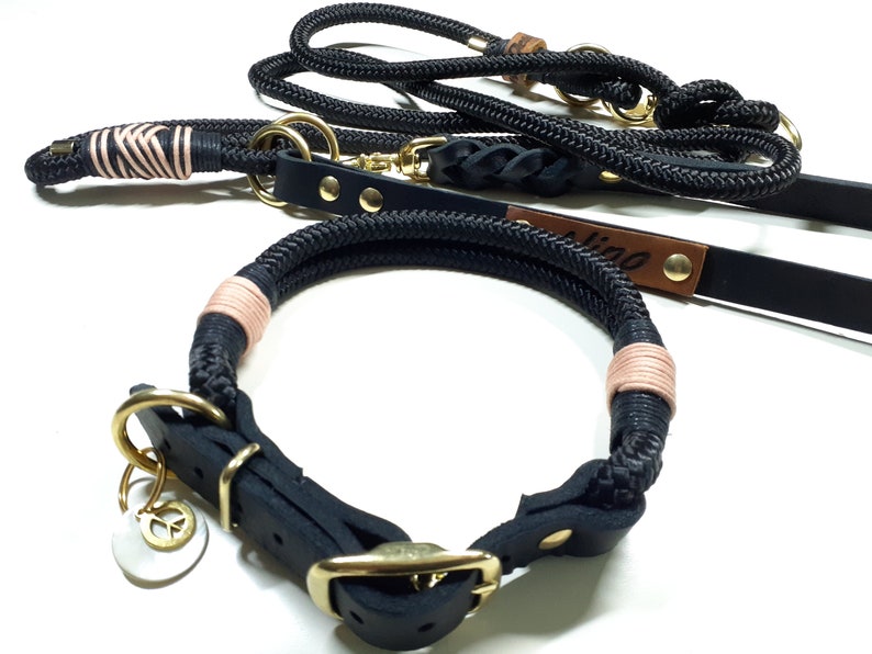 May include: Black leather dog collar with a pink and black rope design and a gold buckle. The collar has a matching black rope leash with a gold clasp and a brown leather tag with the word "Indigo" engraved on it.