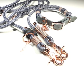Rope set dog collar dog leash collar set made of PPM with adjustable fat leather buckle in grey with leather rigging personalized