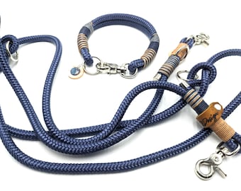 Dog collar with snap fastener made of rope | 3-way adjustable dog leash 2.5 m in navy blue