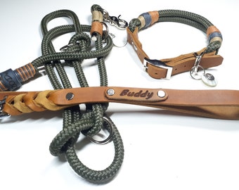 Tau Set Hundehalsband Hundeleine Halsbandset in oliv mit Namensgravur auf Lederhandschlaufe und verstellbarer Fettlederschnalle in Cognac