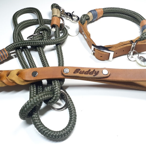 Tau set dog collar dog leash collar set in olive with name engraving on leather hand strap and adjustable greased leather buckle in cognac