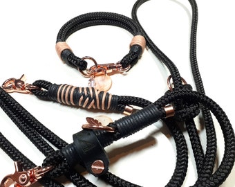 Dog collar dog leash black rope collar set personalized with rose gold lobster clasp