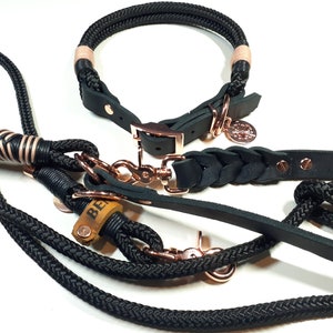 Dog collar dog leash rope collar set with name engraving and adjustable fat leather buckle personalized in black