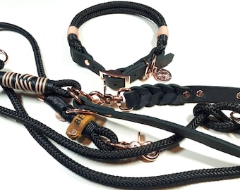 Adjustable dog collar | Dog leash 2 m in black | with leather hand loop | 3-way adjustable | personalized with name