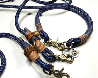 Rope dog collar | 3-way adjustable rope shoulder leash, 2.5 m | Rope set in dark blue