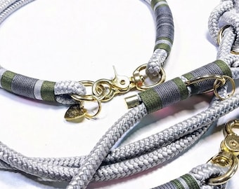 Handmade set: rope collar and dog leash in silver-grey – Elegant sailing rope set for small and large dogs, 6 mm, 8 mm, 10 mm