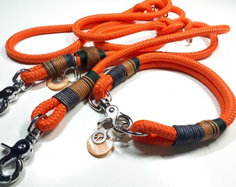 Dog collar with carabiner closure | 2.5 m orange dog leash | 3-way adjustable shoulder leash | Personalized rope set with name