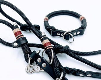 Martingale collar | Dog collar | 2m black dog leash with leather hand loop | 3-way adjustable | Personalizable with name