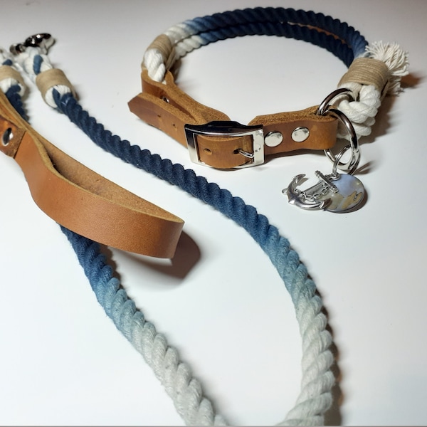 Tau Set Dog Collar with Fat Leather Adapter Adjustable Dog Collar Set in Ombre Jeans Blue Cotton Dew and Hand Strap in Cognac