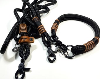 Dog collar with snap closure made of PPM in black | 3-way adjustable dog leash in 2.5 m total length