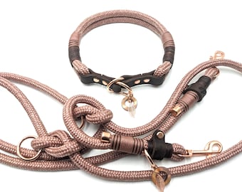 Martingale collar | Dog collar | 2.5 m dog leash in antique rose | 3-way adjustable | Rope and leather combination | Personalizable with name