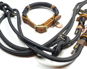 Adjustable dog collar | Dog leash 2.5 m in anthracite | Shoulder leash 3-way adjustable | Personalized rope set with name