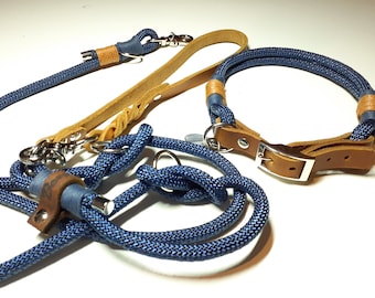 Adjustable dog collar | 2 m dog leash in navy blue | with leather hand loop | 3-way adjustable | made of robust climbing rope