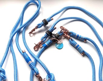 Dog leash set | Twin leash in azure blue | Shoulder leash 3 m total length | Customizable with name