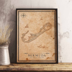 Vintage Style Map Bermuda, Atlantic Ocean - Descarga instantánea \ City Map \ Wall Art