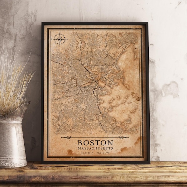 Vintage Style Map Boston, Massachusetts, United States - Instant Download \ City Map \ Wall Art