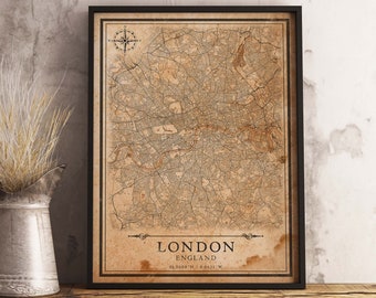 London, England Vintage Style Map, Printable London City Poster (Instant Download)