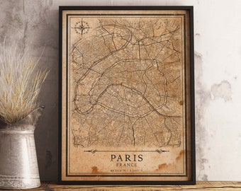 Kaart vintage stijl Parijs, Frankrijk, afdrukbare poster Parijs (direct downloaden)