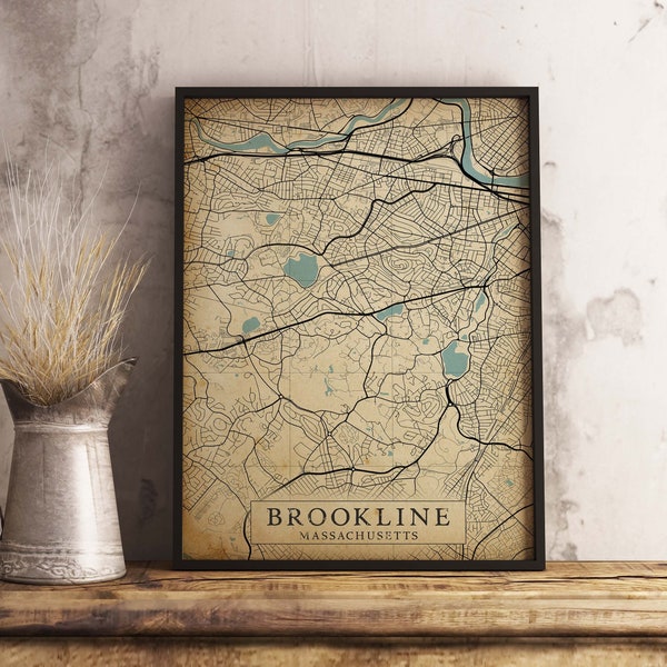 Vintage Style Map of Brookline MA, Massachusetts USA - Instant Download \ City Map \ Wall Art \ Rustic Poster