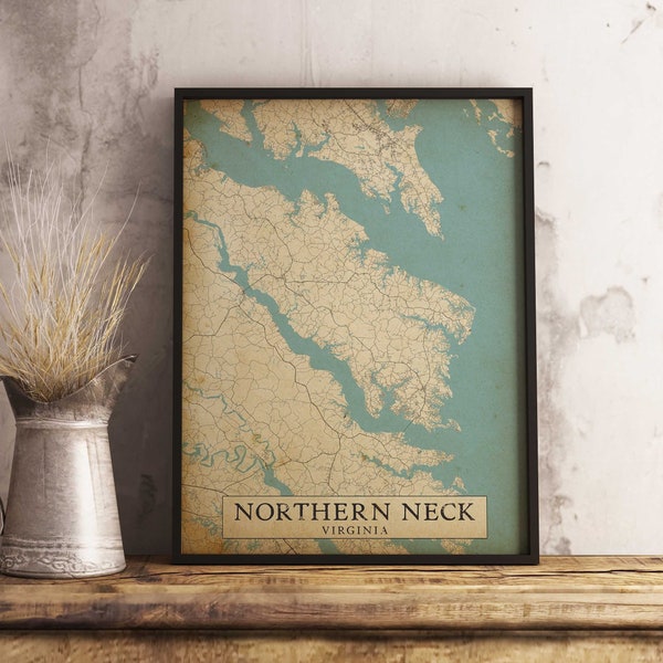 Vintage Style Map Northern Neck VA, Virginia USA - Instant Download \ City Map \ Wall Art \ Antique \ Rustic \ Old Style