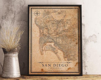 Mapa San Diego w Kalifornii w stylu vintage, plakat z kalifornijskim miastem do wydrukowania (do pobrania natychmiast)
