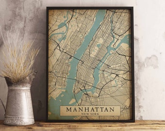 Vintage Style Map of Manhattan NYC, New York City, USA - Instant Download \ City Map \ Wall Art