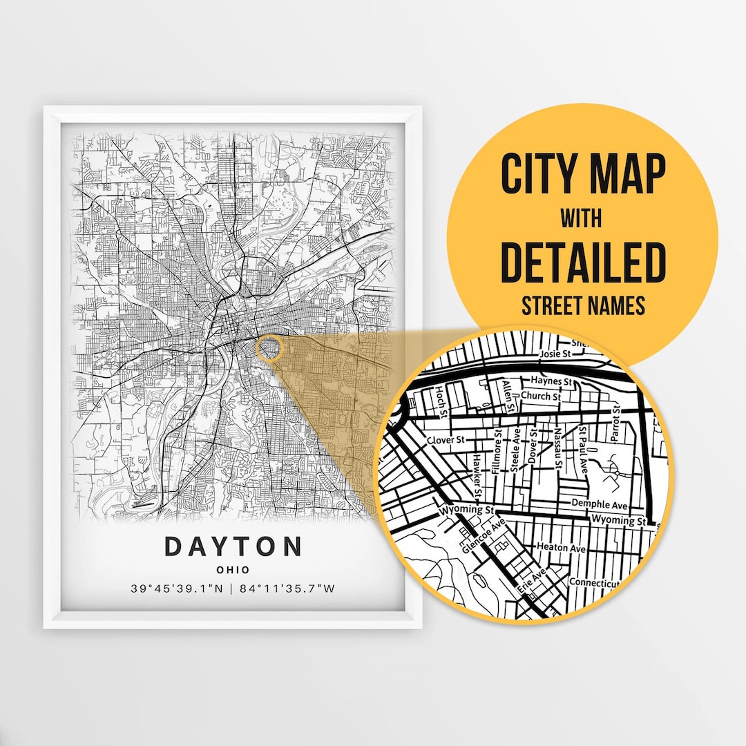Printable Map of Dayton, Ohio, USA With Street Names Instant Download