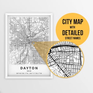 Printable Map of Dayton, Ohio, USA with street names - Instant Download \ City Map \ Travel Gift \ City Poster \ Road Map Print \ Map Art