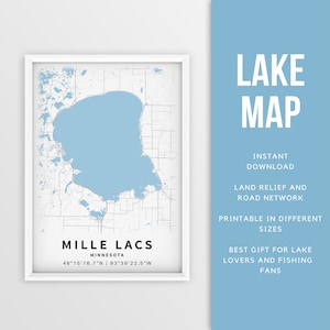 Mapa imprimible de Mille Lacs Lake, Minnesota, EE. UU. - Descarga instantánea \ Mapa del lago \ Cartel del mapa \ Decoración de la casa del lago \ LakeLife \ Pesca \ Paseos en bote