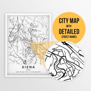 Druckbare Karte von Siena, Italien mit Straßennamen - sofortiger Download \ Stadt Karte ~ Reise Geschenk ~ Poster ~ Strassen Karte Print / Wand Kunst