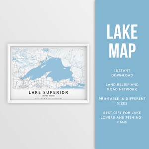 Mapa imprimible Lago Superior, Grandes Lagos, EE. UU. - Descarga instantánea \ Mapa del lago \ Cartel de pesca \ Decoración de la casa del lago \ LakeLife \ Paseos en bote