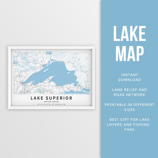 Druckbare Karte Lake Superior, Great Lakes, USA - Sofort Download \ Lake Map \ Angeln Poster \ Lake House Decor \ LakeLife \ Bootfahren